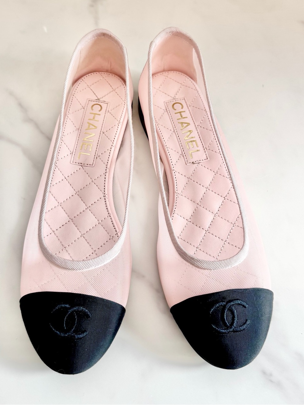 CHANEL Pink Mesh Black Grosgrain Ballet Flats 38